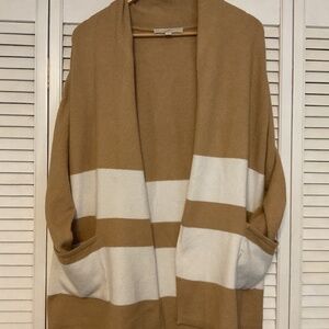 Loft Women’s Large Striped Shawl Collar Pocket Open Cardigan Tan & Ivory EUC